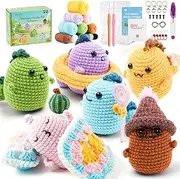 INSCRAFT Crochet Kit for Beginners, 6 Pack Dinosaurs Crochet Animal Kit,Starter Kit with Step-by-Step Video Tutorials, Learn to Crochet Kits for Adults and Kids, DIY Knitting Craft Supplies Gift