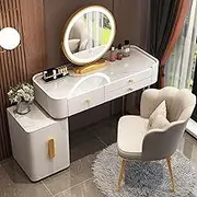 Exquisite Modern Vanity Table Set with LED Light Mirror Petal Back Chair Drawers and Storage Cabinets 3 Color LED Lights Table for Bedroom or Dressing Room