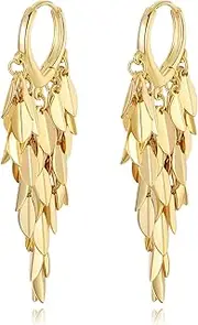 [Hius] 18K Gold Plated Leaf Hoop Earrings for Women, Long Tassel Dangle Drop Earrings, Chunky Gold Chandelier Earrings