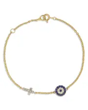 Bloomingdale's Fine Collection Blue Sapphire & Diamond Evil Eye & Cross Link Bracelet in 14K Yellow Gold