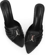 [iiimmu] 3.5 IN Stiletto Mules High Heels with Pointed Peep Toe Heeled Sandals Faux Leather
