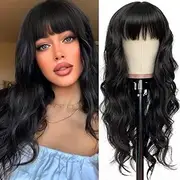 Women's synthetic wig brown ombre blonde, blonde wig, black wig big wavy long hair (Black bangs)
