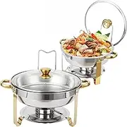 Posuu Chafing Dishes for Buffet Set of 2, 5QT Buffet Servers and Warmers, Round Catering Food Warmers Stainless Steel Chafing Dish Buffet Set with Glass Lid & Lid Holder for Parties Events, Gold