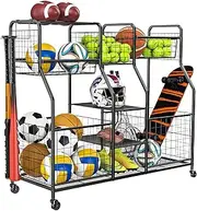 Garage Sports Equipment Organizer, Ball Storage Rack, Garage Organizer System, Indoor/Outdoor Sports Rack, Rolling Sports Ball Storage Cart with Wheels, for Basketballs Footballs Volleyball, Black