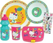 Hello Kitty Children's Tableware Set with 1 Glass 220 ml, 1 Soup Plate Diameter 16 cm, 1 Plate Diameter 22 cm, 1 Drinking Cup 350 ml, 1 Snack Box and 2 Blankets, Height 13.5 cm - Reusable Tableware