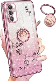 [Coralogo] (3in1 for Samsung Galaxy A14 5G Phone Case Glitter Sparkly for Women Girls Sparkle Girly Bling Shiny Cover Cute Flowers Floral Design with Ring Pretty Cases for Samsung A14 5G 6.6''