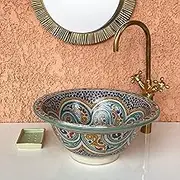 Moroccan Vintage Vanity Clay Vessel Sink - 100% Handmade Artistry and Unique Design - Exquisite Bathroom Decor - Farmhouse Countertop Undermount Basin Art Deco Inspired Sink (25 CM)