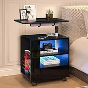 Bedside Table LED Storage Cabinet Nightstand Bedroom Furniture Full High Gloss Finish with Drawer Adjustable Laptop Desk 2 Shelves USB & Type C Ports Black