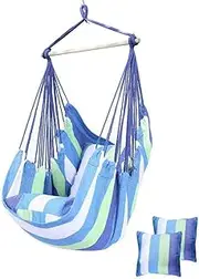 Garden Deluxe Hanging Hammock Chair Swing Outdoor/Indoor Camping Hammock Swing Chair with 2 Pillows (Blue+Green)