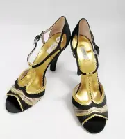 NEW PRADA STRAPPY SANDALS BLACK SATIN GOLD PYTHON HEELS 39.5 9.5 Snake Trim