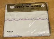 Vintage Stevens Utica Mohawk Lavender Embroidery White Cotton Double Flat Sheet