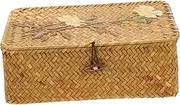 [Amosfun] Square Rattan Box Lidded Design Woven Storage Basket for Office Home School Vintage Embroidery Pattern Medium Size Golden Rose