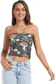 [RPLIFE] Red Mushrooms White Flowers Crop Tube Tops for Women, Sexy Tube Tops, Sheer Tube Tops, Summer Clothes (S)