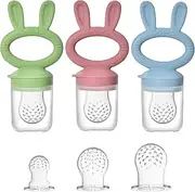 Silicone Baby Food Fruit Feeder Pacifier 3 Pack Bunny Baby Fresh Food Feeder with 3 Sizes Silicone Pouches, BPA Free Feeder Teethers for Infants Teething