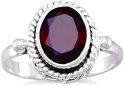 [JewelryWeb] 925 Sterling Silver Oval Faceted Garnet Ring With Rope Edge Design Stone Is 9.5mmx6.5mm Size 6 Band Style-Ring for Women