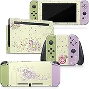 Tacky Design Flowers Skin for Nintendo Switch Skin - Premium Vinyl 3M Green and Purple Nintendo Switch Stickers Set - Switch Skin for Console, Dock, Joy Con - Decal Full Wrap