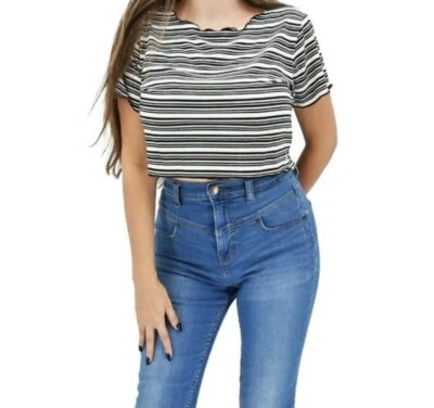 NWT FREE PEOPLE MOVEMENT BLACK WHITE STRIPED BABY TEE CROP T SHIRT SZ S $88
