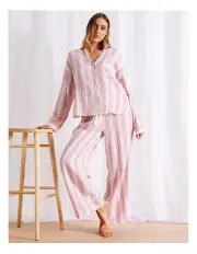 [Chloe & Lola] Divine Cheesecloth Mandarin Collar Long Sleeve PJ Set in Terracotta Stripe Print