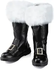 [Liitrsh] Christmas Santa Claus Boots Men's Wide Calf Santa Combat Boots with White Plush Cuffs Foot Bells Buckle Strap for Halloween Christmas Costume