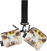 [XYMZR] Mini Zip Around Wristlet keychain Wallet Cow Sunflowers Head for Women Personalized Pattern Detachable Dual Pouch Wristlet Portable Wallet Phone Coin Purse, Multi-colored, One Size