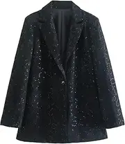 [HEYDHSDC] Woman Black Sequin Blazer Tweed Long Blazer Office Glitter Long Sleeve Jacket