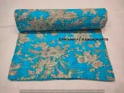 Queen Turquoise Floral Print Summer Kantha Quilt Cotton Home Dorm D?cor Blanket