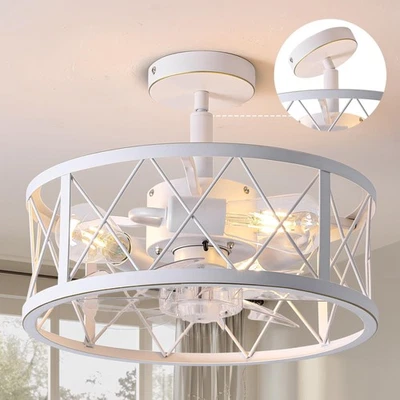 REDSTAR 15" Caged Ceiling Fans with Lights and Remote Flush Mount, White Roun...