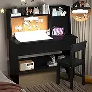 SFDOU Kids Study Desk with 3-Color Lights, Black Desk and Chair Set for 5-12 Year Old, Drawing Desk with Wooden Tabletop Paper Roll Dispenser, Study Table with Drawers and Storage Shelf-HD40