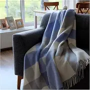 Linen & Cotton Warm Checked Wool Throw/Blanket Devon - 100% Pure New Zealand Wool, Blue/Grey/White (140 x 200cm) Knee Plaid For Sofa Bed Couch Settee Armchair Bedspread Single Double Lambswool