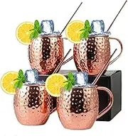 Daseeme Moscow Mule Copper Mugs Set of 4 Pure Copper Plating Mugs 18-oz Stainless Steel Drinking Cup with 4 Copper Straws Great Dining Entertaining Bar Set