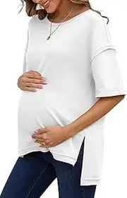 [RUBZOOF] Women's Maternity Shirts Short Sleeve Pregnancy Tops Side Split Casual T Shirts Tunic Mama Clothes, 07-white, Medium