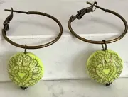 Etched Green Heart Vintage Bead Bronze Hoop Earrings. Light Weight.