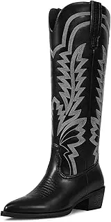 ISNOM Cowboy Boots for Women Knee High Cowgirl Boots with Classic Embroidered Pointed Toe Chunky Heel Pull On Fashion Retro Western Tall Boots