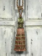 Pair 2 pieces Curtain Tie Backs - 33cm Tassel with Beads/Ribbons and Glass Top - Dark Pink / Olive