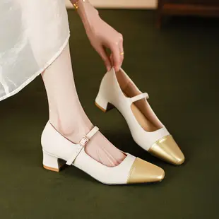 優雅宴會鞋 韓系設計感雙色拼接一字帶中跟瑪莉珍鞋復古拼色包鞋