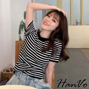 【HanVo】簡約款捲邊圓領條紋針織上衣 百搭休閒時尚顯瘦氣質韓版T恤上衣 韓國韓系女裝 女生衣著 1175