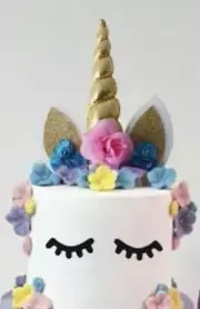 Unicorn Cake Topper And Eyelashes. Pink Metallic Horn