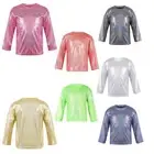 CHICTRY Kids Girls Shiny Metallic T-Shirt Long Sleeve Loose Tops Jazz Hip AU