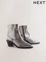 Metallic Silver Leather Standard/Wide Fit Forever Comfort® Cowboy Block Heel Ankle Boots (F17920) | $111