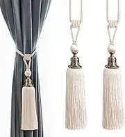 Melodieux Decorative Curtain Tiebacks Antique Tassels Holdbacks, Home Office Windows Drapery Fasteners Fringe Ropes, Set of 2 (White)