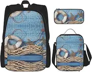 [StOlmx] 3 Pcs Set Travel Hiking Lightweight Adjustablebackpack, Insulated Lunch Bag, and Pencil Case Pouch,Rain Drops On Glass Print, Seashell Starfish, One Size