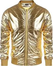 [COOFANDY] Men's Metallic 70s Disco Party Varsity Jacket Button Zip-up Baseball Bomber