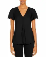 THEORY Black Retro Button Front Flutter Sleeve Silk Stretch Core Top S = 4/6