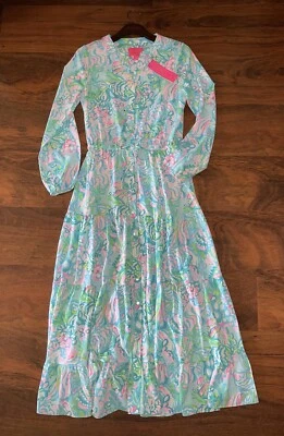 Lilly Pulitzer 4 Aqua La Vista CORI STRETCH MIDI SHIRTDRESS Blue Ibiza Dress NWT