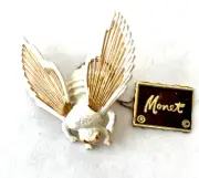 Monet Signed White Enamel Gold Tone Vintage Bee Brooch Bumblebee NWT