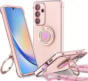 [Eherui] Mobile Phone Case for Samsung Galaxy A34 5G Case with Strap, Ring Heart Double Ring Stand Mobile Phone Chain Women Girls Thin Shockproof Protective Case for Samsung A34 Case Pink