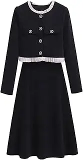 [UKTZFBCTW] Corduroy Small Fragrant Style Dress for Women Spring and Autumn Black Skirt Two-Piece Set