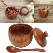 Solid Wood Seasoning Bowl With Spoon And Lid Condiment Jar