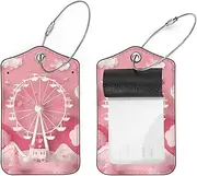 [KQNZT] Luggage Tag, 2 Pcs Personalized Luggage Tags, PU Leather Luggage Tags, Travel Tags, Luggage Tags 2 Pack, Valentine Pink Ferris Wheel Hot Air Balloon