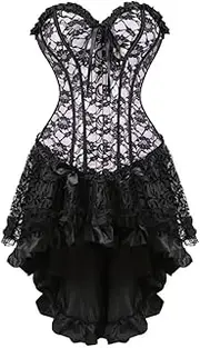[FAWENLI] Fashion Corset Dress For Women Women Sexy Pink Floral Lace Overlay Corset Dress Vintage Overbust Corset Top Wi